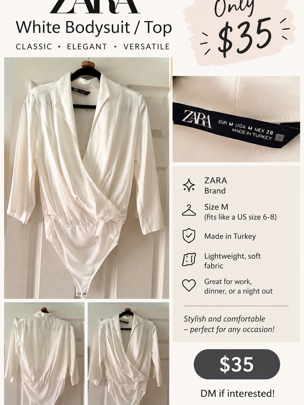 Zara White Wrap-Front Bodysuit Top